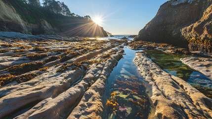 Sunlit coastal rocks with intricate tide pools and colorful marine life, fine details highlighted under clear conditions
