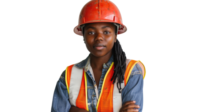 Confident female construction worker wearing hard hat and safety vest with transparent background - Powered by Adobe