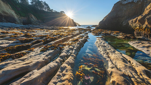 Sunlit coastal rocks with intricate tide pools and colorful marine life, fine details highlighted under clear conditions - Powered by Adobe