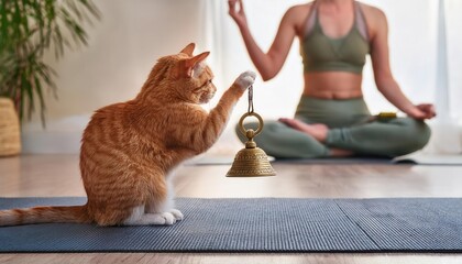 A playful ginger cat gently taps a bell as its owner meditates peacefully in a cozy room.