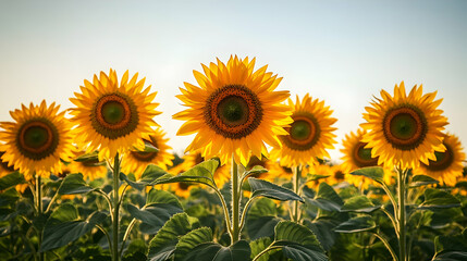 Obraz premium Vibrant sunflower field under a clear summer sky, golden blooms stretching endlessly towards the horizon