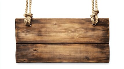 Isolated Wooden Sign with Rope Hangers on White Background for Use in Advertising, Promotions, or Decorative Purposes