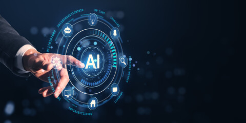 Hand interacting with futuristic AI interface surrounded by digital icons and binary code on a dark cyberspace background.