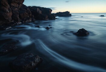 Obraz premium Mesmerizing Twilight Waves Swirl Around Rocky Shoreline at Dusk. Generative AI