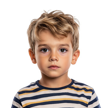 Caucasian boy with cowlick and striped shirt isolated on transparent white background