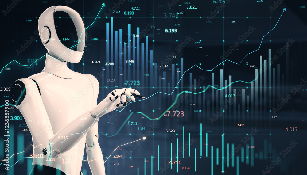 Aufkleber Robot analyzing financial charts and graphs in digital space. 3D Rendering