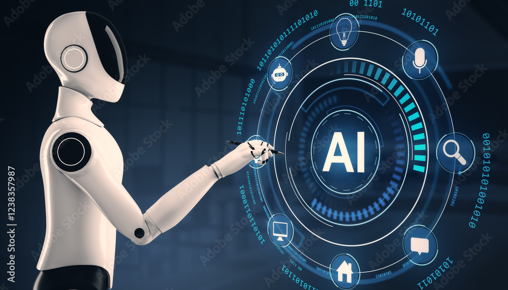 Poster Futuristic AI robot interacting with a digital interface in a dark environment. 3D Rendering