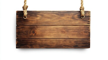 Isolated Wooden Sign with Ropes Hanging on White Background, Perfect for Creative Decoration or Advertising Purposes