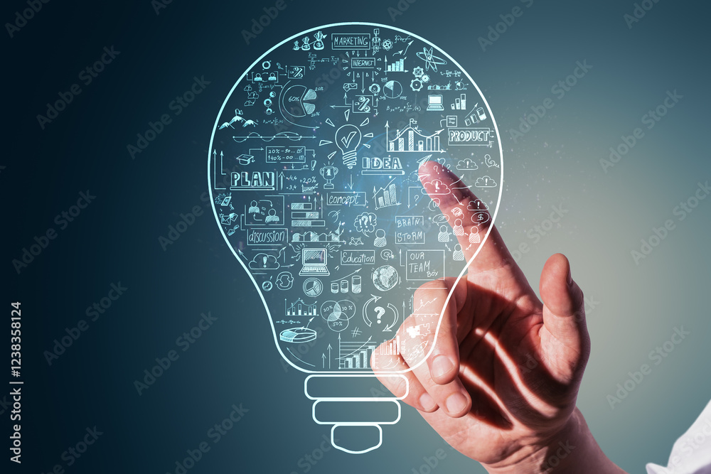 Poster Hand pointing at creative lightbulb sketch with business icons on abstract background.