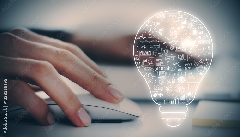 Poster Lightbulb filled with creative icons and symbols next to a hand clicking on a computer mouse.
