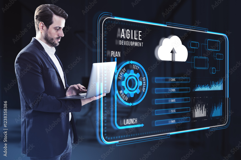 Poster businessman using laptop with agile development hologram interface on dark background.