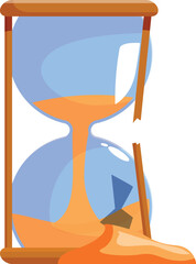 Cartoon broken hourglass is losing sand, deadline concept