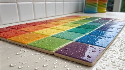  table or countertop featuring a rainbow-colored tile arrangement with water droplets creating a visually striking effect, decorative element, colorful tiles