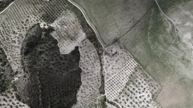 Top-down 4K aerial view of Olvera, Spain, filmed with a DJI drone at 30fps. A stunning cinematic shot capturing the vast meadows and natural beauty of the Spanish countryside.