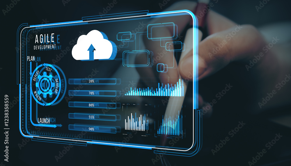 Poster Agile development interface with cloud technology and data charts on transparent holographic screen in dark background.