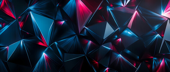 Obraz premium abstract neon background with glowing blue, red, and pink triangles and lines, ultraviolet spectrum light effect, laser show in a dark room