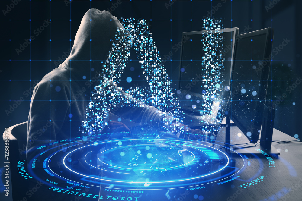 Leinwandbilder Cybersecurity concept showing a hooded figure in front of screens with digital effects and AI text, representing cybercrime and hacking.
