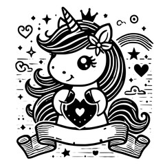 Adorable Unicorn Princess with Heart: Whimsical Fantasy Creature Illustration