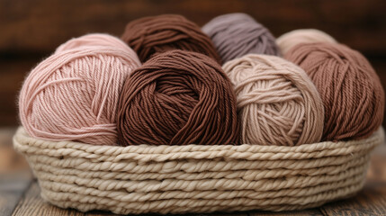 Obraz premium Basket of yarn balls in Mocha Mousse and pastel colors