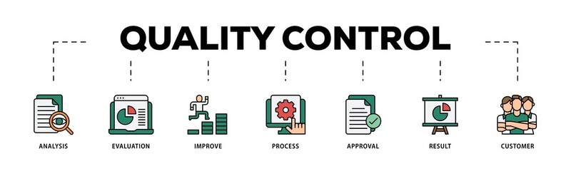 Quality control infographic icons flow process which consists of analysis, evaluation, improve, process, approval, result, and customer icon live stroke and easy to edit .