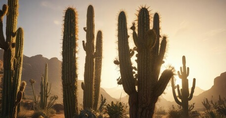 Tall cactus with sharp spikes against a warm sun, tall cactus, spiky plant, intense light