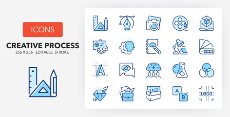 Line icons about creative process. Contains such icons as graphic design, branding, marketing and more. 256x256 Pixel Perfect editable in two colors
