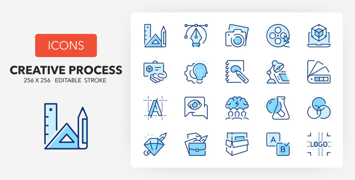 Line icons about creative process. Contains such icons as graphic design, branding, marketing and more. 256x256 Pixel Perfect editable in two colors