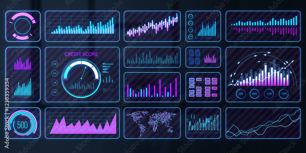 Aufkleber Digital financial dashboard with data charts and graphs on a dark backdrop. 3D Rendering