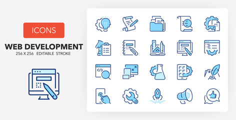 Line icons about web development process. Contains such icons as briefing, sketching, testing and more. 256x256 Pixel Perfect editable in two colors