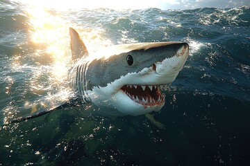 Naklejka premium Great White Shark Emerging From Ocean Waves At Sunset