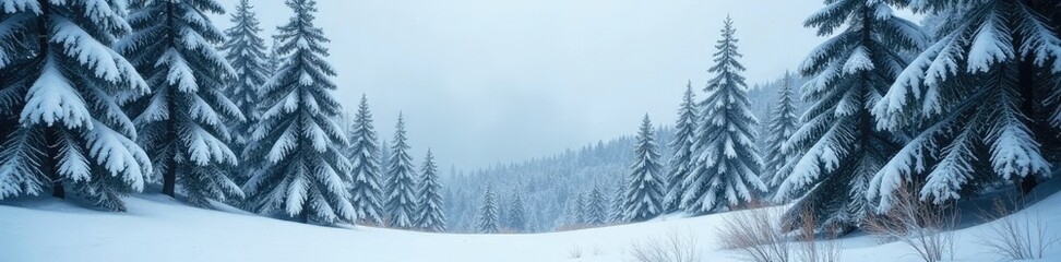 Naklejka premium Tall fir trees with snow all around and delicate branches, landscape, winter wonderland