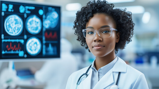 Professional female doctor in a medical office analyzing patient data on computer screens