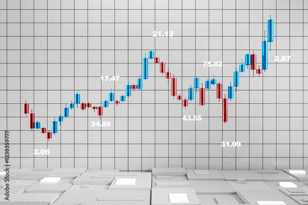 Poster 3D Rendering of financial candlestick chart with numerical data on grid background. 3D Rendering