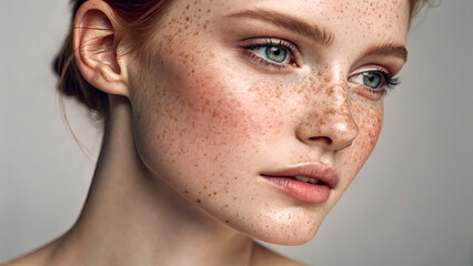 Fototapeta premium Portrait of a Young Woman with Freckles and Natural Beauty Features