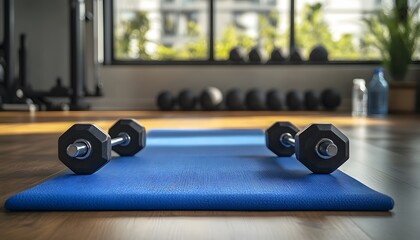 Dumbbells resting on a blue exercise mat in a gym