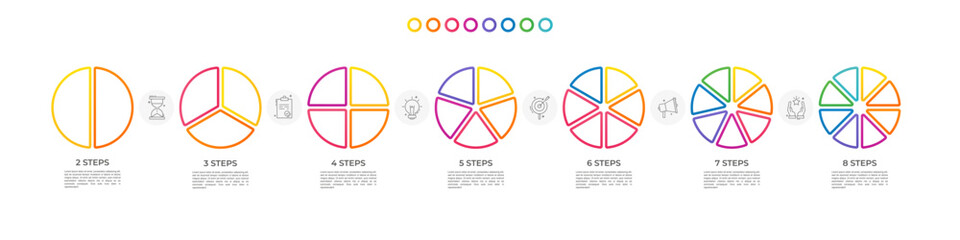 Vector infographic circles set divided radius. Segments of circle with 2 to 8 pieces. Modern colors diagram. Divided line circle sections circle set. for data analysis, web, presentation.
