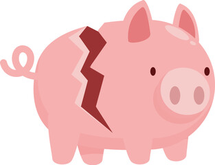 Pink piggy bank is broken, representing saving loss, financial crisis, and bankruptcy