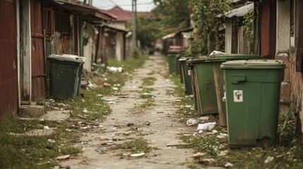 Trash-strewn alleyway, poor neighborhood, overflowing bins