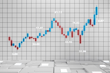 3D Rendering of financial candlestick chart with numerical data on grid background. 3D Rendering