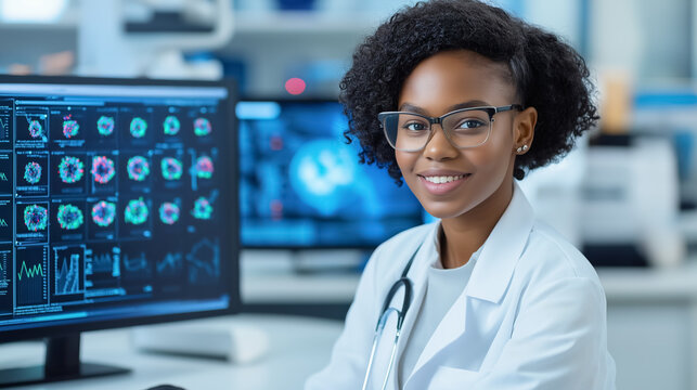Professional female doctor analyzing patient data in modern medical facility