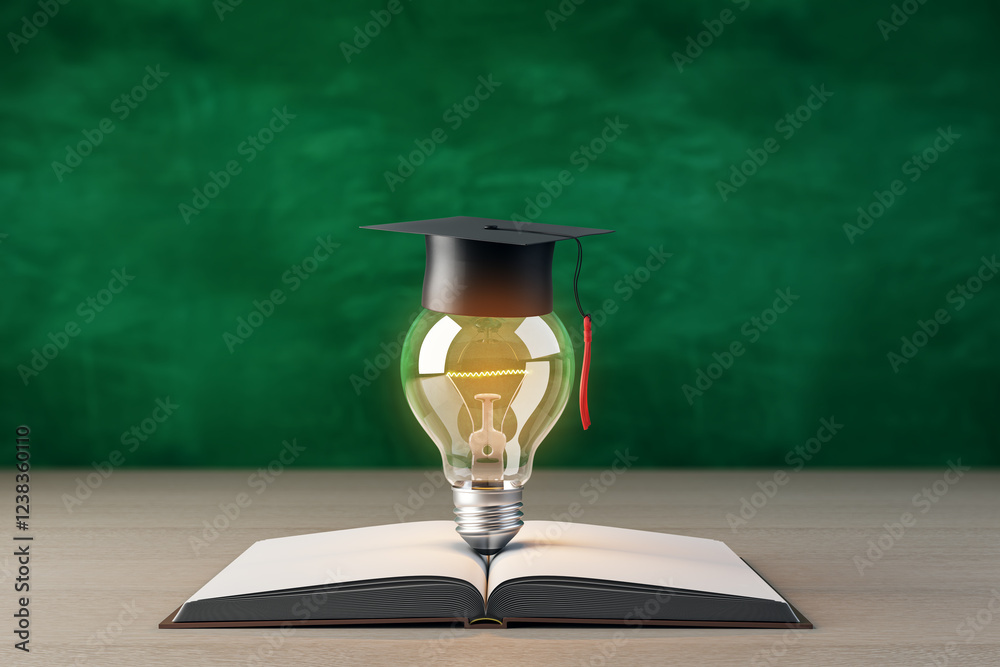 Poster graduation cap on lightbulb over open book on table, green chalkboard background. 3d rendering