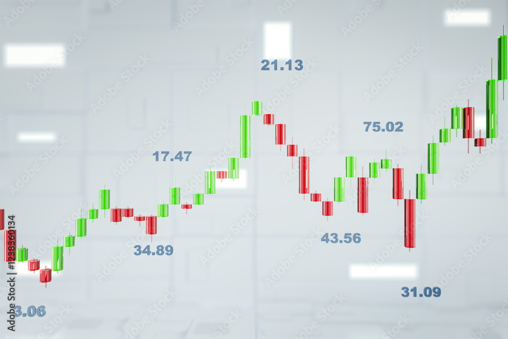 Poster Candlestick financial chart with green and red bars on light background. 3D Rendering