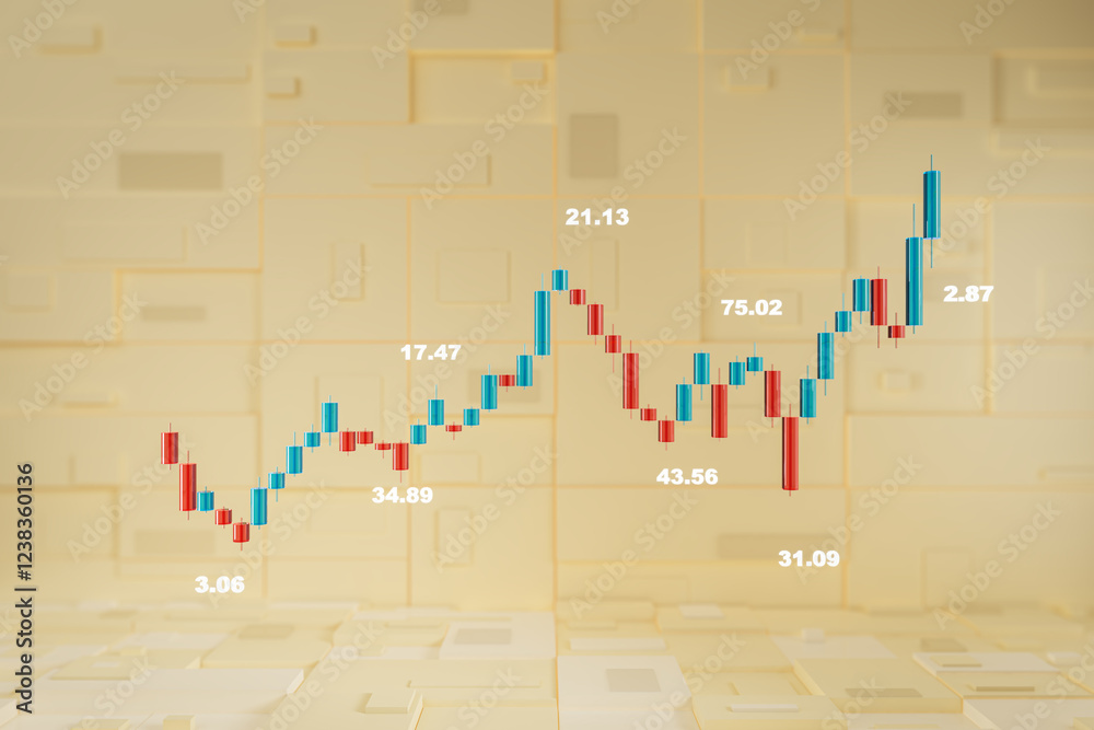 Poster Financial candlestick chart with data points on abstract yellow geometric background. 3D Rendering