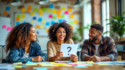 Enthusiastic team participating in a team-building quiz session with question card and colorful sticky notes in a bright, collaborative office.