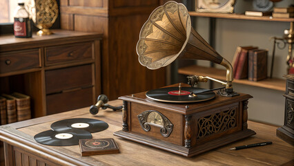 Vintage gramophone on wooden table with vinyl records and decor