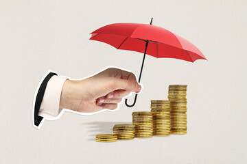 Hand holding red umbrella protecting stacked gold coins on beige background. Concept of financial security, insurance, and growth.