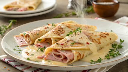 Fototapeta premium Delicious Crepes with Ham and Cheese Topped with Cream Sauce