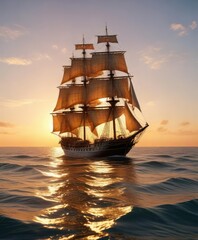 Obraz premium Tall ship gliding across the surface of calm and serene ocean during golden hour, ocean view, water scene, tranquil