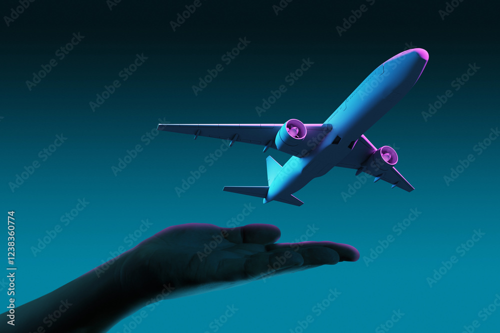 Poster airplane taking off from a hand on a gradient background.
