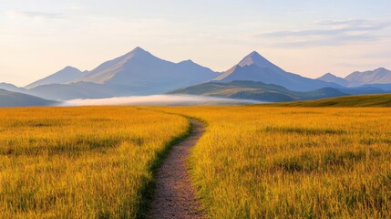 Fototapeta premium Misty mountain nature idea. A serene pathway through golden fields with mountains in the distance under a blue sky.